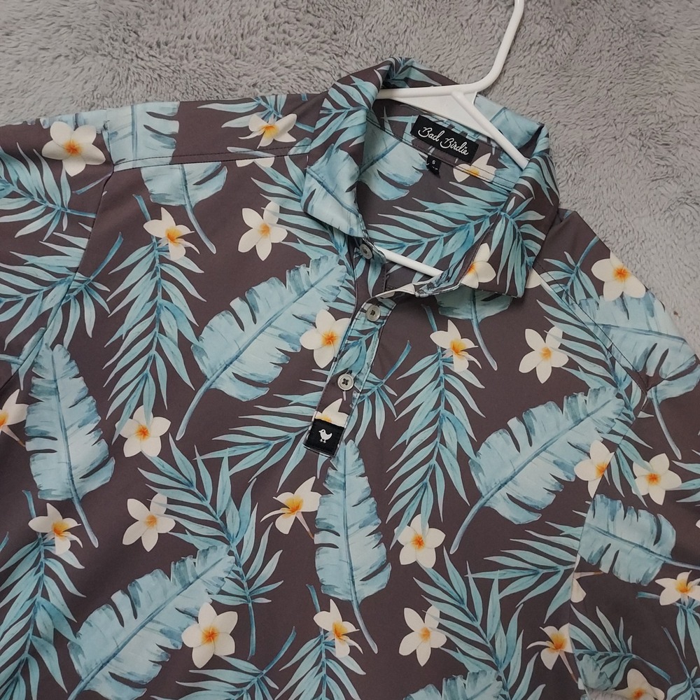 Bad Birdie Polo Shirt Mens Small Floral Tropical Palm Leaf Golf Green Hawaiian S